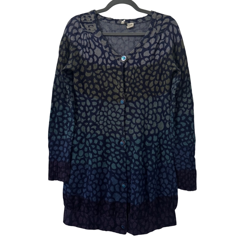 Anthropologie Moth Cardigan Womens M Blue Ombre Leopard Wool Blend Long Sleeve